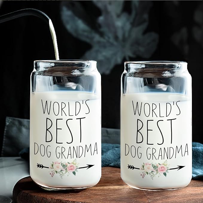 World's Best Dog Grandma Glass Cup with Lids and Straws 14oz, Grandma Gifts for Mother's Day Birthday, Grandmother Gifts Glass Coffee Tumbler Drinking Jars with Cleaning Brush