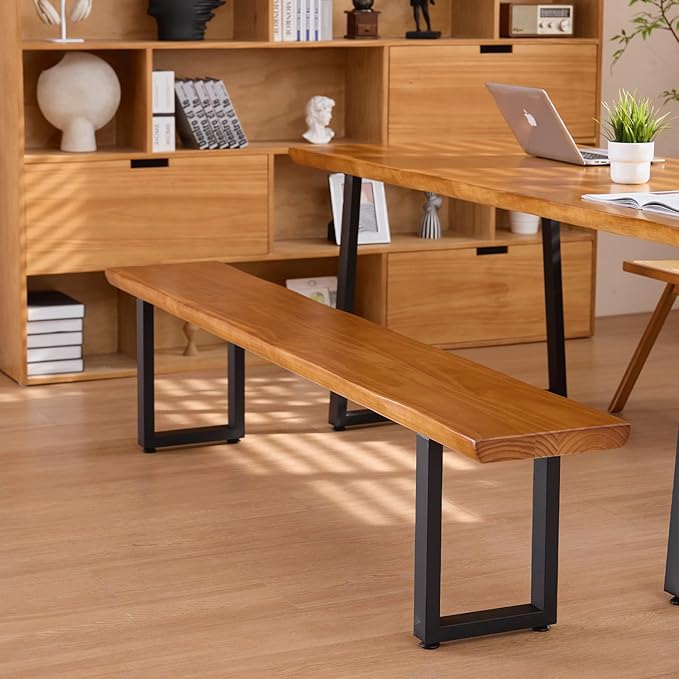 Durable Solid Wood Top Bench with Sturdy Metal Legs – Versatile Dining & Office Seating - Multi-Size Options Ideal for Living Room, Dining Room, and Home Office(Dark yellowbench, 62.99in)