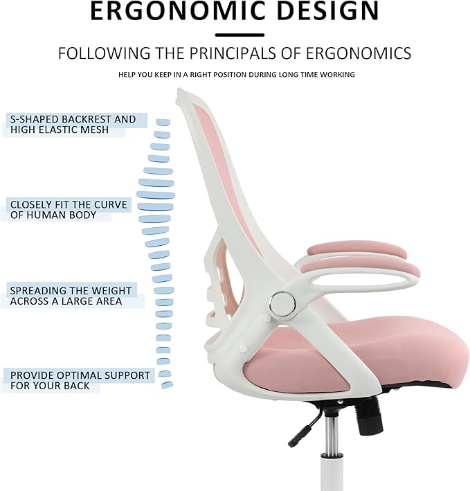 HYLONE Office Chair Ergonomic Desk Chair with Adjustable Armrests, Mesh Executive Chair, Home Office Computer Chairs for Long Hours(Pink)