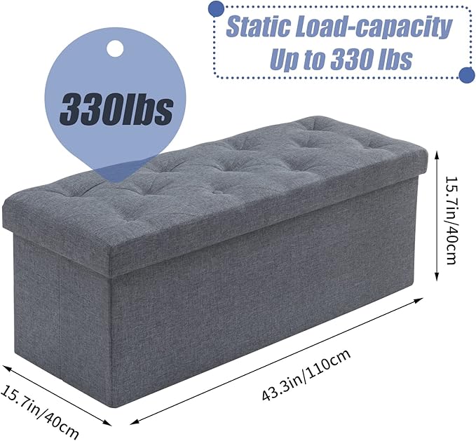 BRIAN & DANY 43 Inches Ottoman with Storage, Linen Storage Ottoman Bench, End of Bed Benches, Folding Ottomans for Bedroom, Living Room and Entryway (Gray)