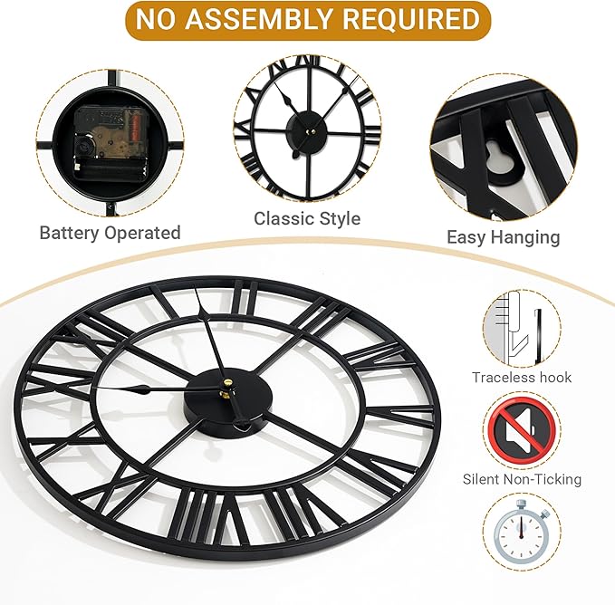 24inch/60cm Large Wall Clocks for Living Room Decor,Vintage,Modern,Round,Silent,Non Ticking,Black Wall Clock for Home,Garden,Office,Cafe Decoration(Iron Roman Numerals, 24 inches)