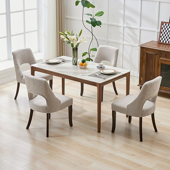 UVV Wooden Dining Chairs Set of 4, Mid Century Modern Upholstered Dining Room Chair Kitchen Chairs, Chenille Dinner Chair with Solid Wood Legs for Kitchen Dining Room, Light Grey-Chenille