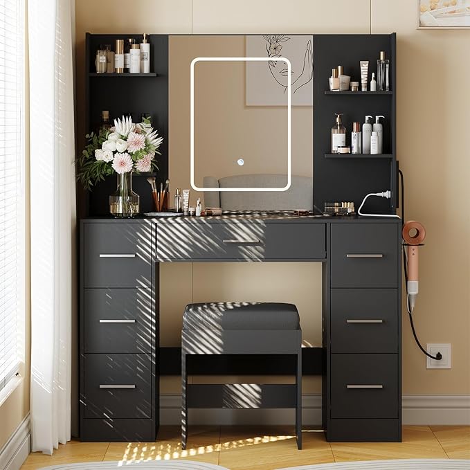 Hetoy Vanity Desk with Mirror and Lights - Makeup Vanity Desk with Chair - Dressing Table with 7 Drawers and Hair Dryer Rack for Bedroom