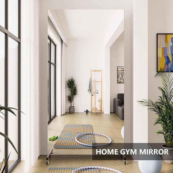 Full Length Mirror with Wheels, 79" x 44", White, Nano Film Material Without Glass, shatterproof, Safe, Lightweight, only 16lbs Easy to Move and Install, for Home Gym, Dance & Yoga Studios.