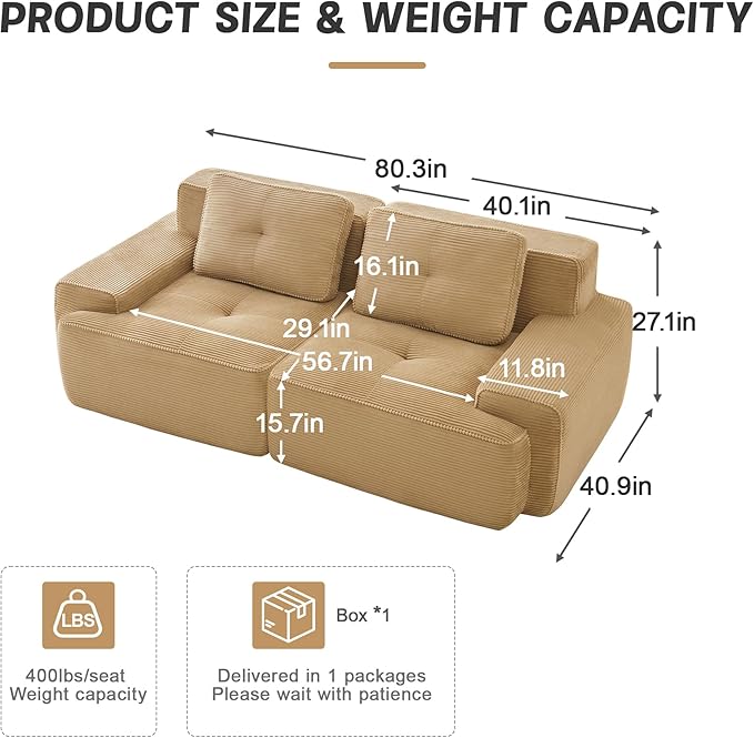 80'' Loveseat Sofa, 32D Foam Corduroy Boneless Couch with Pillow, Deep Seat Wide Arm Sectional Couch for Living Room, Small Spaces, Studio Apartment