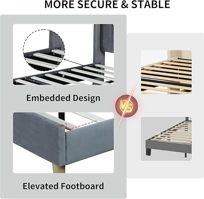 King Size Upholstered Platform Bed Frame with Modern Wingback & Vertical Panel Headboard, Velvet Fabric, Wooden Legs & Slats Support, No Box Spring Needed, Noise-Free & Easy Assembly, Grey