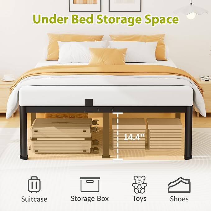 16 Inch Full Size Metal Platform Bed Frame with Round Corners, Storage Space Under High Bed Frame-Heavy Duty Steel Slats Support, Noise Free - Easy Assembly - No Box Spring Needed