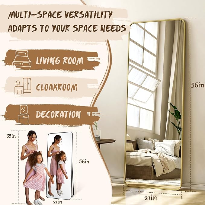 56"x21" Floor Full Length Mirror Standing Full Body Rounded Corner Rectangle Mirrors with Stand Hanging Wall Mounted Leaning Bedroom Living Room Bedroom Cloakroom,Gold