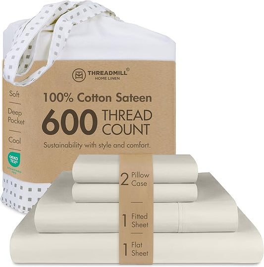 Threadmill Queen Sheet Set | 600 Thread Count Queen Bed Sheets for Queen Mattress with 16” Deep Pocket | Sateen Weave 4-Piece Bedding Set with Cooling Effect | Taupe