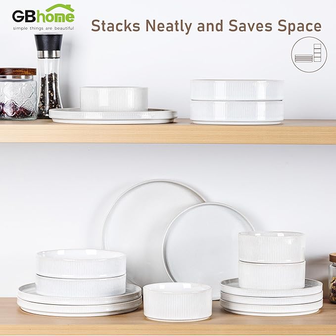 GBHOME Stoneware Dinnerware Sets for 6,Round Reactive Glaze Ceramic Plates and Bowls Set,Highly Scratch Resistant | Dishwasher & Microwave Safe Dishes Set,Service for 6(18Pcs),Sugar White