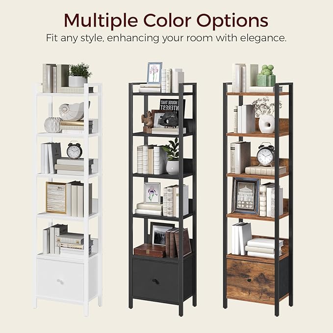 Bookshelf, 6-Tier Bookcase with Drawer, Small Book Shelf for Small Space, Storage Shelf Organizer, for Living Room, Bedroom, Study, Kitchen, Rustic Brown and Black BKHR66101