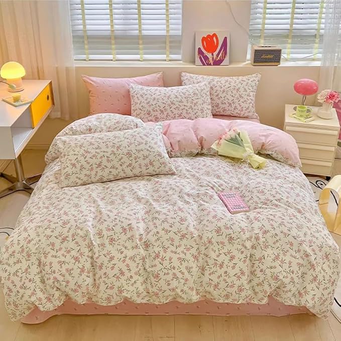 Pink Floral Duvet Cover Full Size 100% Cotton Chic Flower Botanical Duvet Cover Garden Style Girls Floral Comforter Cover with Zipper Closure Vintage Floral Cottagecore Bedding Set with 2 Pillowcases