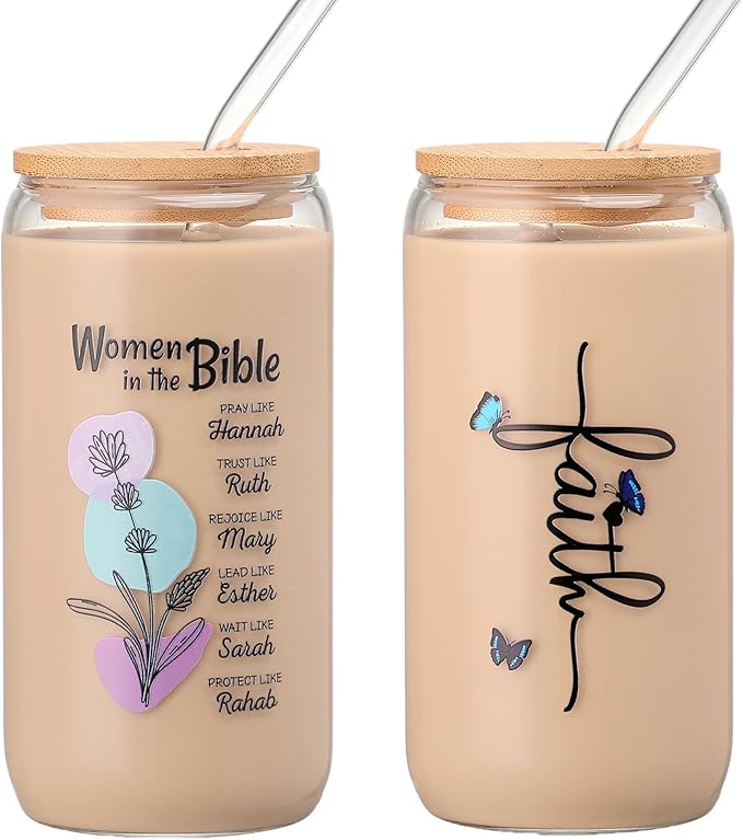 Christian Gifts for Women - Women of the Bible Glass Coffee Tumbler with Straw and Gift Box - 16oz Christian Mug for Mother's Day, Sister, or Bible Lovers