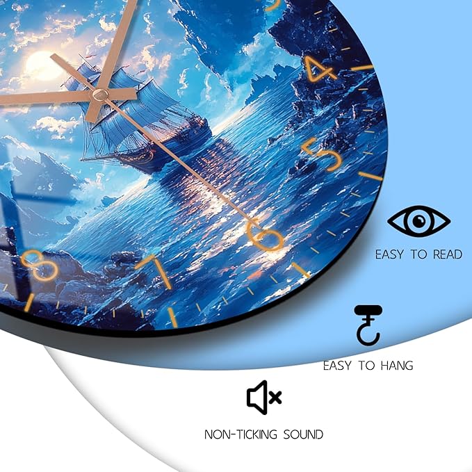Modern Blue Wall Clock 14 inch Wooden Beach Boat Wall-Clock with Tempered Film Round Silent Analog Clock for Bedroom, Office, Living Room Decor