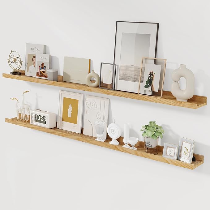 Solid Ash Wood Picture Ledge Shelf, Floating Shelves Set of 2, 56 Inch Long Large Ledge Shelves, Nursery Book Shelves Wall Mounted for Living Room Bedroom Kitchen Decor Kids Bookshelf, Natural