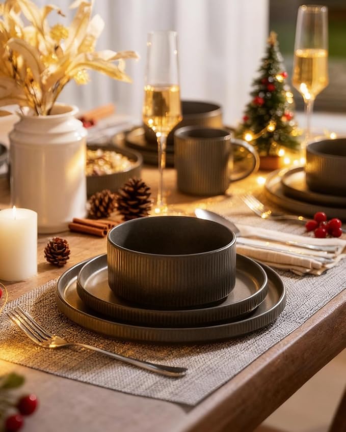 famiware Star Dinnerware Sets, Plates and Bowls Set for 4, 12 Pieces Ribbed Dishes - Chip and Scratch Resistant, Microwave and Dishwasher Safe Tableware, Matte Dark Charcoal
