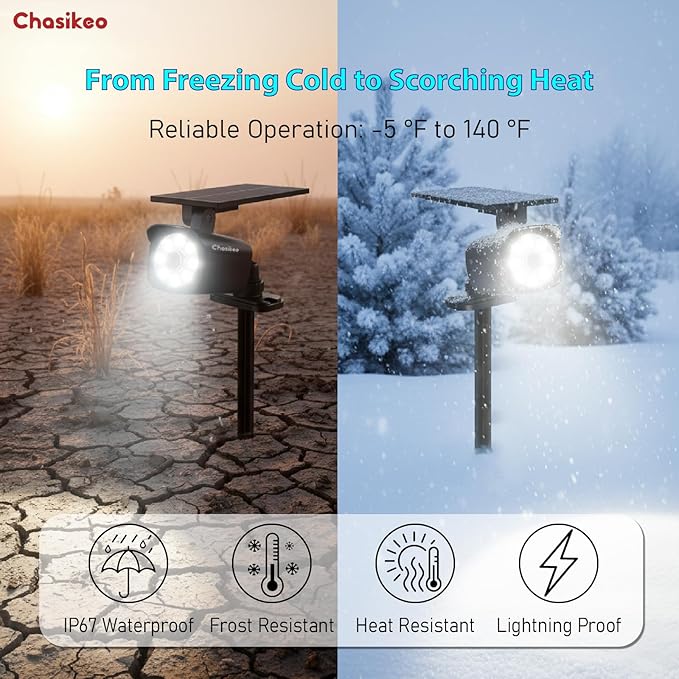 Chaiskeo 2 Pack Solar Motion Lights Outdoor, Solar Spot Lights with Motion Sensor, IP67 Waterproof Solar Powered Security Lights, LED Spotlight for Garden, Yard, Pathway, Fence, Driveway