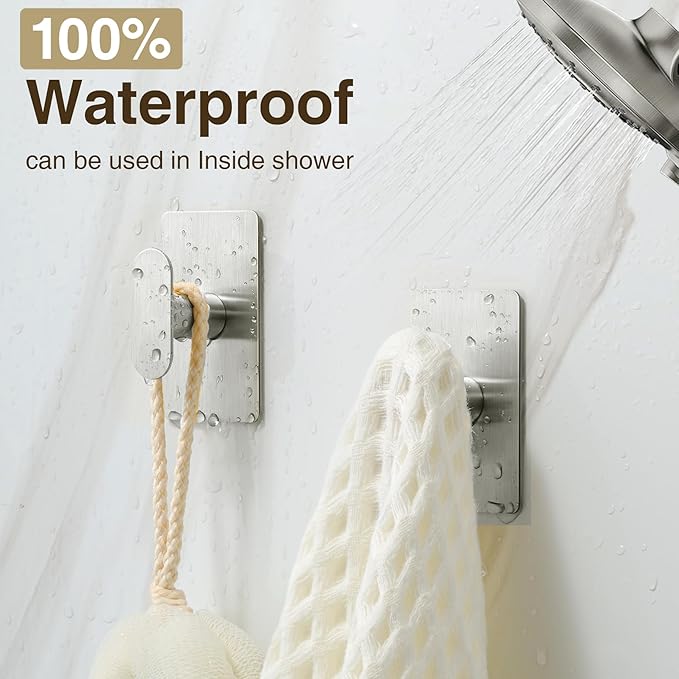 pickpiff Adhesive Towel Hooks for Bathroom: 20LB Extra Strong Wall Hanger for Shower Kitchen RV Dorm Apartment, Silver 4 Pack