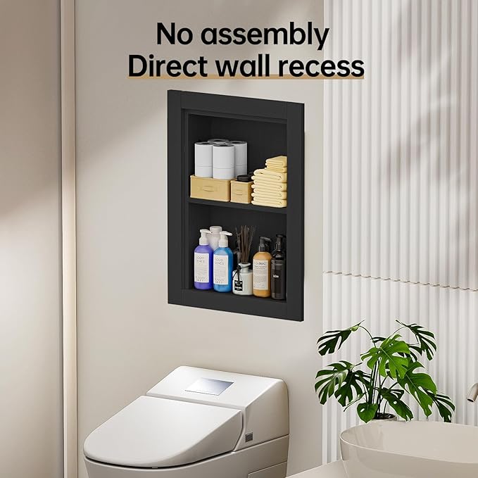Recessed Medicine Cabinet, 14x18 Wood Recessed Wall Niche Medicine Cabinet Replacement, Water-Proof Wall Niche for Bathroom/Hallway, Black