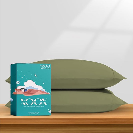XOOX Linen 100% Egyptian Cotton Pillow Cases King Size Set of 2 - Luxury 1200 Thread Count Sateen Sage Green Pillow Covers, Soft & Breathable 5 Star Hotel-Quality Pillowcases, Fits King Size Pillows