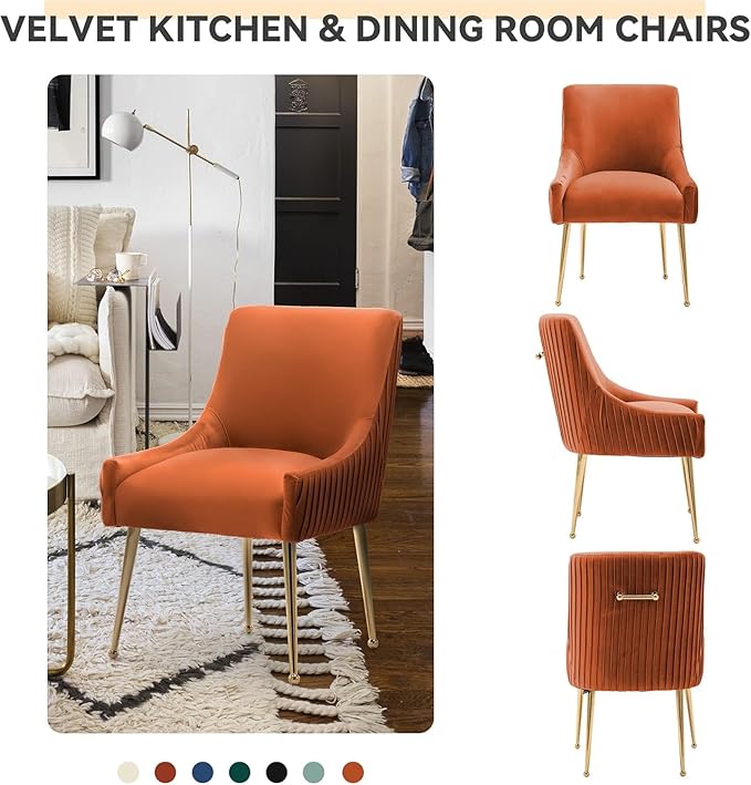 Dining Chairs, Accent Chairs Set of 8, Modern Upholstered Kitchen Dining Room Chairs with Gold Legs, Fabric Tufted Velvet Living Room Chairs for Reception Room Bedroom Guest Room (Orange)