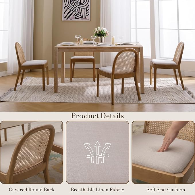 HEAH-YO Rattan Dining Chairs Set of 4, Upholstered Linen Dining Room Chairs with Backrests, Modern Kitchen Chairs with Wood Legs for Dining Room, Beige