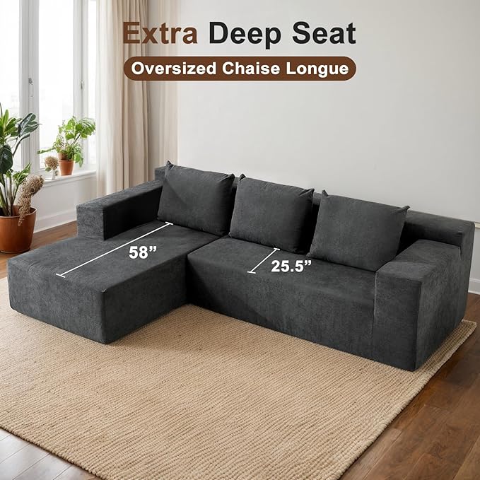 103" Cloud Sectional Sofa, No Assembly Required, Boneless L-Shape Couch with Chaise, Modern Minimalist Modular Couch, Free Combination, Deep Seat, Dark Grey, Left