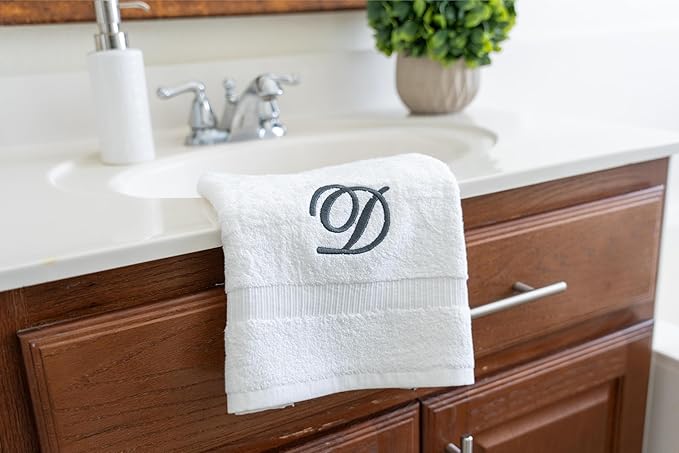 White Monogrammed Hand Towels for Bathroom - Luxury Hotel Quality Personalized Initial Embroidered Towel for Powder Room, Spa - GOTS Organic Certified - Set of 2 Dark Gray Letter D