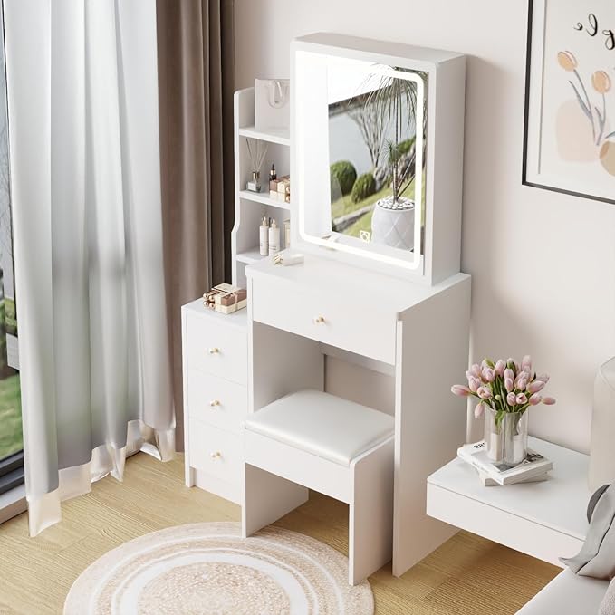 Makeup Vanity Desk Set with LED Lights and Chair, Compact Vanity Desk with Storage Shelves, 4 Drawers, Small Space Vanities with 3 Adjustable Lighted Mirror for Bedroom, White