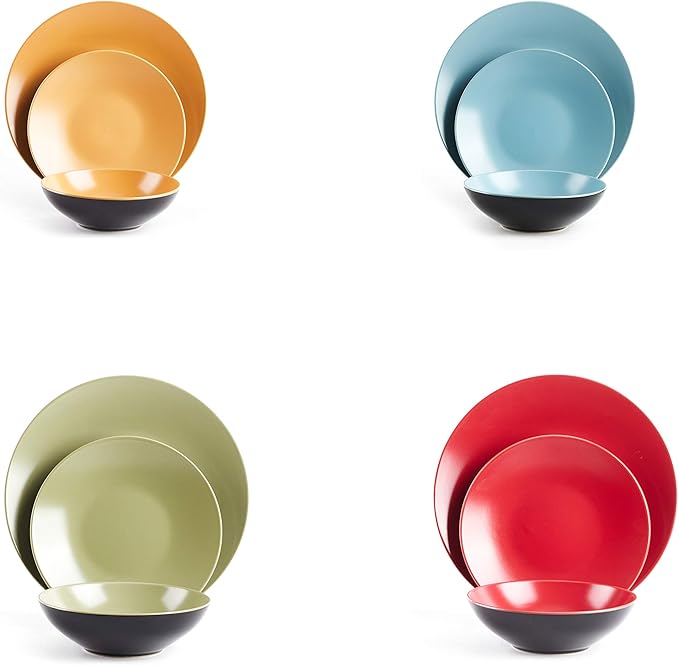 Stoneware Two-Tone Colors Life 12pc Dinnerware Set，Outside Shinny Black + Inside Matte Finished Very Funny - 4 Assorted Colors Turquoise, Olive, Curry, Red