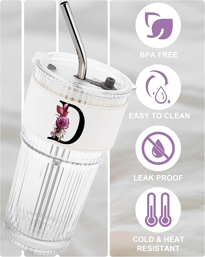 Initial Glass Cup with Lid Coffee Straw Ribbed Ice Tea Matcha Latte Clear Tumbler Women Coworker Co Work Colleague Secretary Assistant Nurse Team Appreciation Member Bulk Thank You Employee Gift D