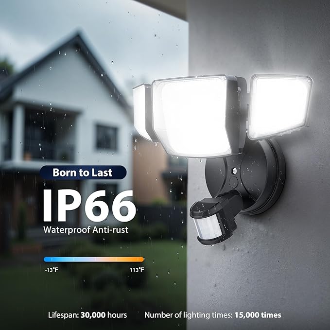 Onforu 90W 10000LM LED Motion Sensor Outdoor Lights, 4-Head Dusk to Dawn Outdoor Lighting, Hardwired Flood Lights, IP66 Waterproof 6500K Security Floodlight for Outside (Black)