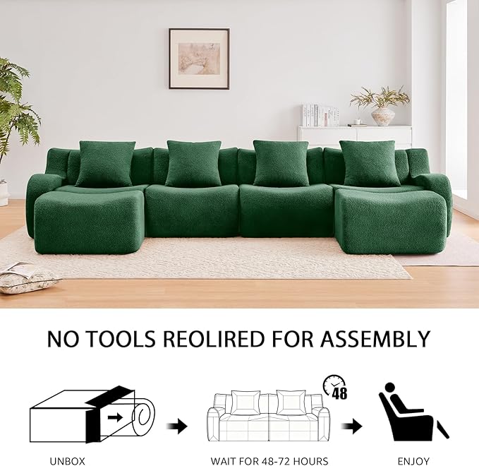 Green Modular Cloud Couch Loveseat with 2 Ottomans, Modern Teddy Fabric Boneless Sectional Sofa in a Box for Living Room, Deep Seat Floor Couch, No Assembly Required, Sofas para Sala