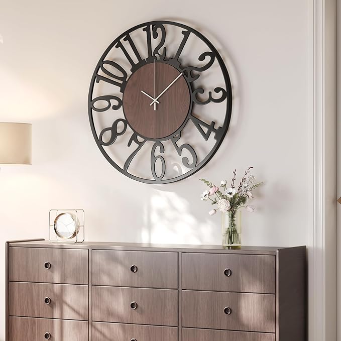 Cuspin Large Wall Clock 24 Inch for Living Room Decor, Silent Non Ticking Battery Operated Black Round Metal and Wood Wall Clock, Modern Farmhouse Rustic Big Clock with Arabic Numerals