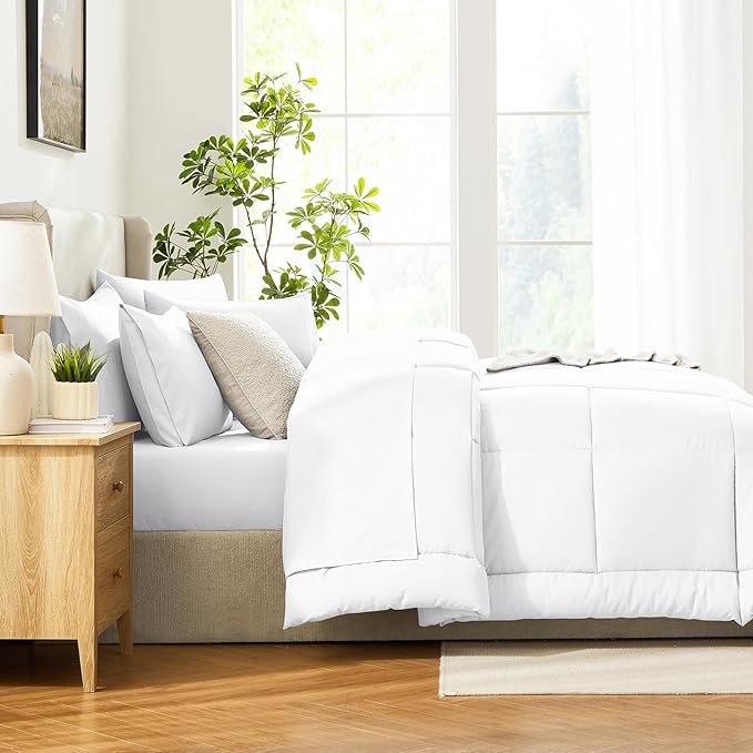 CozyLux Twin Comforter Set with Sheets White, 5 Pieces Bed in a Bag, White Comforter Twin Size, All Season Bedding Set with Stitch Quilted Comforter, Flat Sheet, Fitted Sheet, Pillowcases