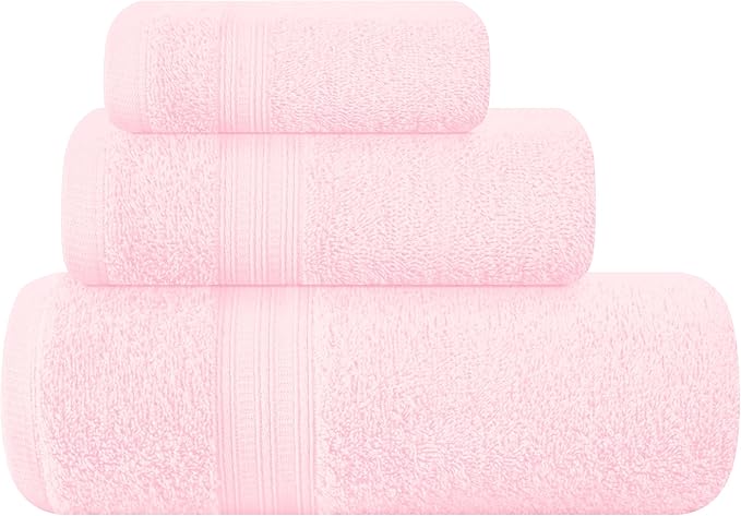 BOUTIQUO Ultra Soft 3 Pack Cotton Towel Set, Contains a Bath Towels 27x54 inch, a Hand Towels 16x24 inch & a Wash Coths 12x12 inch, Ideal Everyday use, Compact & Lightweight - Pink