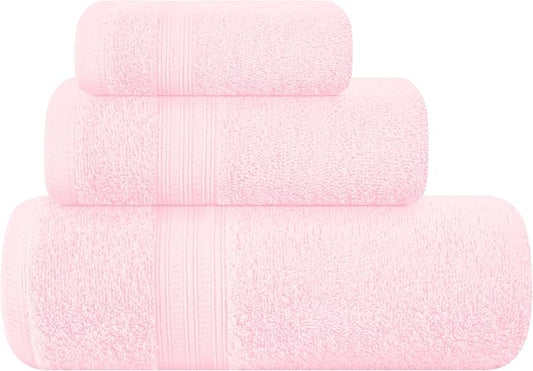 BOUTIQUO Ultra Soft 3 Pack Cotton Towel Set, Contains a Bath Towels 27x54 inch, a Hand Towels 16x24 inch & a Wash Coths 12x12 inch, Ideal Everyday use, Compact & Lightweight - Pink