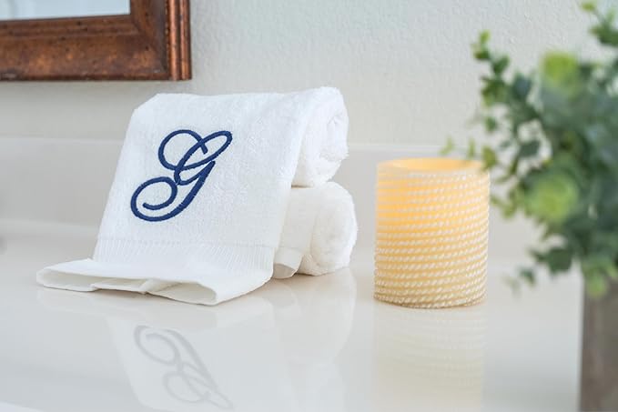 White Monogrammed Hand Towels for Bathroom - Luxury Hotel Quality Personalized Initial Embroidered Towel for Powder Room, Spa - GOTS Organic Certified - Set of 2 Navy Letter G