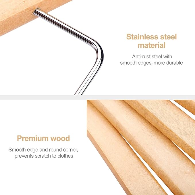 HOUSE DAY 12 Pack High-Grade Wooden Suit Hangers Skirt Hangers with Clips Solid Wood Pants Hanger Natural Smooth Finish Premium Wood Hanger with Durable Metal Clips for Blouse, Dress, Coat, Jacket