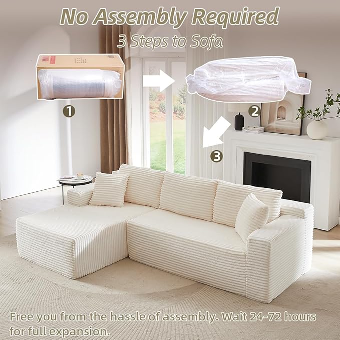 Modular Cloud Sectional Couch with L-Shape Chaise,Modern Upholstered Couches with Deep Seat,Corduroy Sponge Compressed Sofa for Living Room,No Assembly Required (Off White)