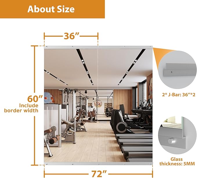 ROOMTEC Home Gym Mirror 60"x36"-2PCS Frameless Wall Mounted Fitness Mirror, Large Tempered Glass Full Length for Yoga, Dance Studio, Workout Room