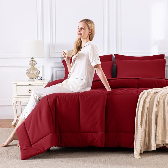 CozyLux King Size Comforter Set Dark Red, 7 Pieces Bed in a Bag, Red Comforter King Size, All Season Bedding Sets with Stitch Quilted Comforter, Flat Sheet, Fitted Sheet, Pillowcases