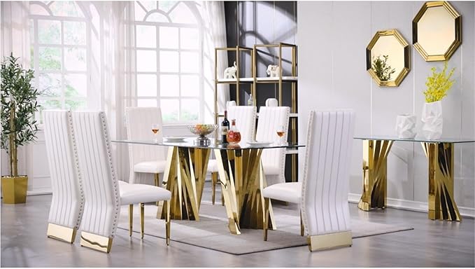 AUZ White Dining Chairs Set of 8, White Leather Upholstered Dining Room Chairs with Nailhead Trim, Luxury Dining Chairs with Polished Gold Metal Legs