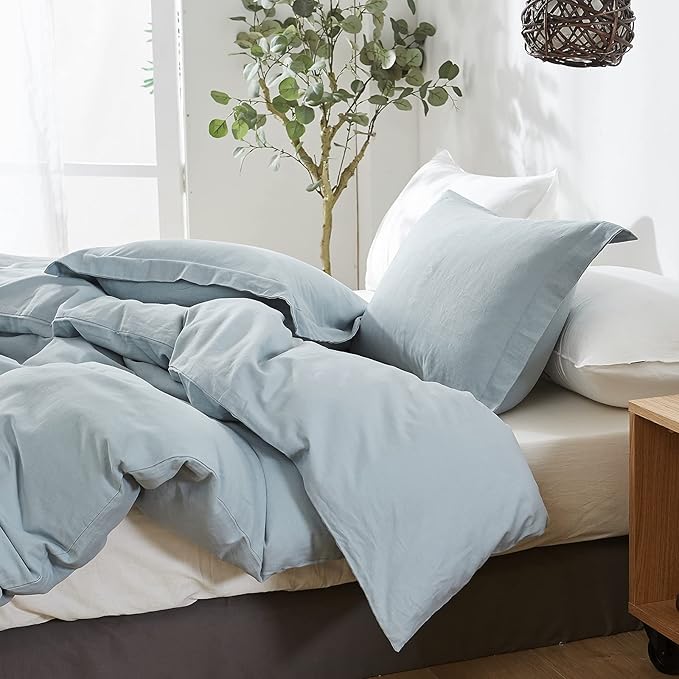Simple&Opulence French Linen Duvet Cover Set 104"x 98"- 3 Pieces (1 Comforter Cover,2 Pillowcases)-Natural Flax Cotton Blend-Solid Color Breathable Farmhouse Bedding-Dusty Blue,California King