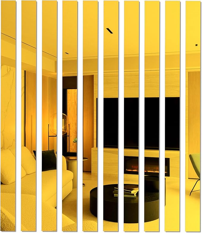10Pcs DIY Striped Mirror Stickers 39.37 Inch Self Adhesive Long Acrylic Wall Decals Mirror Strips Removable for Home Art Wall Decor (Golden)