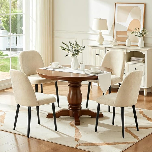 Upholstered Dining Chairs Set of 4, Mid Century Modern Fabric Dining Room Chair High-Back Padded Kitchen Chairs with Padded Seat and Metal Legs for Kitchen Dining Room Restaurant Cafe, Beige