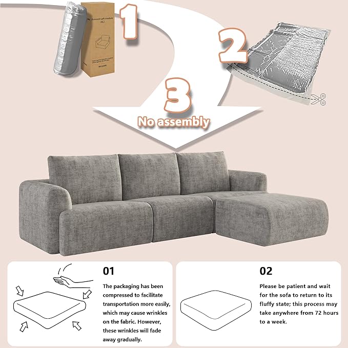 EASE MOOSE Sectional Cloud Couch for Living Room, L-Shaped Modular Boneless Sofa, Modern Cloud Sofa with Fluffy Foam, Oversized 4-Seater Deep Sofas with Ottoman for Apartment, Chenille (Light Grey)