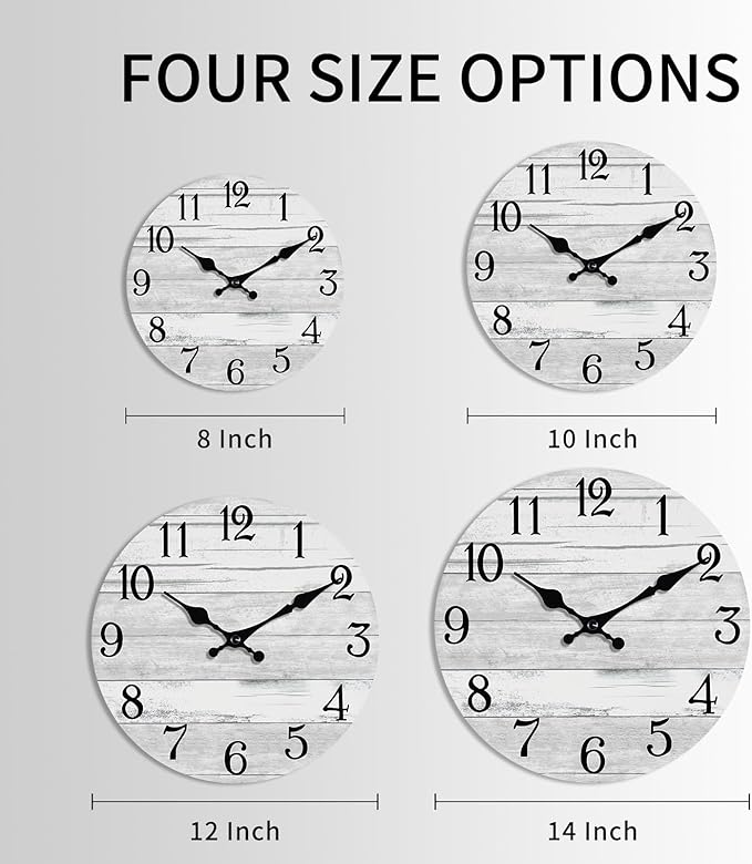 Wall Clock Battery Operated 12 Inch Gray Silent Non Ticking Country Rustic Design Vintage Retro Decorative for Bathroom Kitchen Bedroom