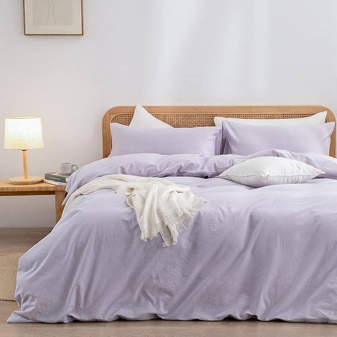 BESTOUCH Duvet Cover Set 100% Washed Cotton Linen Feel Super Soft Comfortable Chic Lightweight 3 PCs Home Bedding Set Solid Taro Purple Full/Double