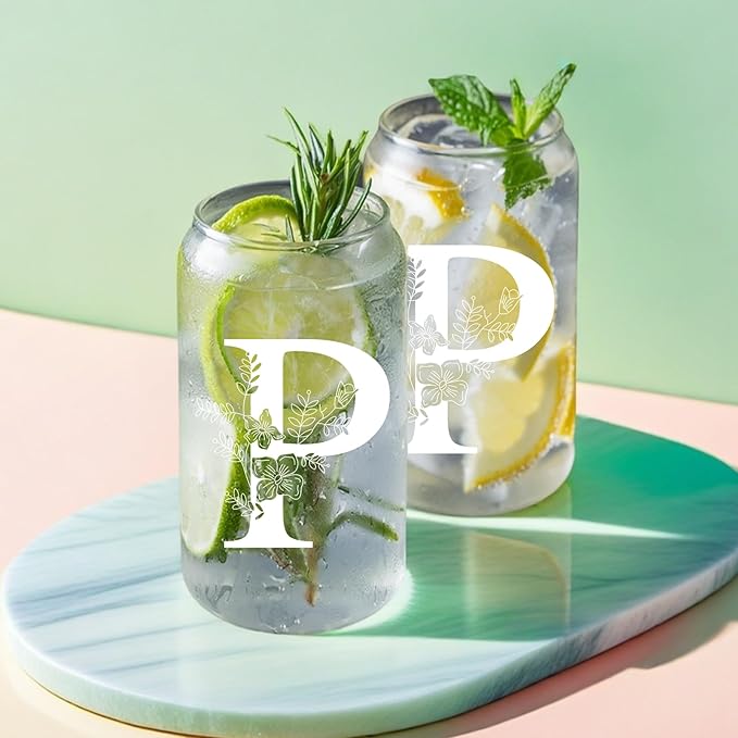 Unique Initial Glass Cup with Lids and Straws, Monogrammed Gifts Box Included Makeup Bag, Christmas Birthday Gifts for Women Mom Sister Grandma, P
